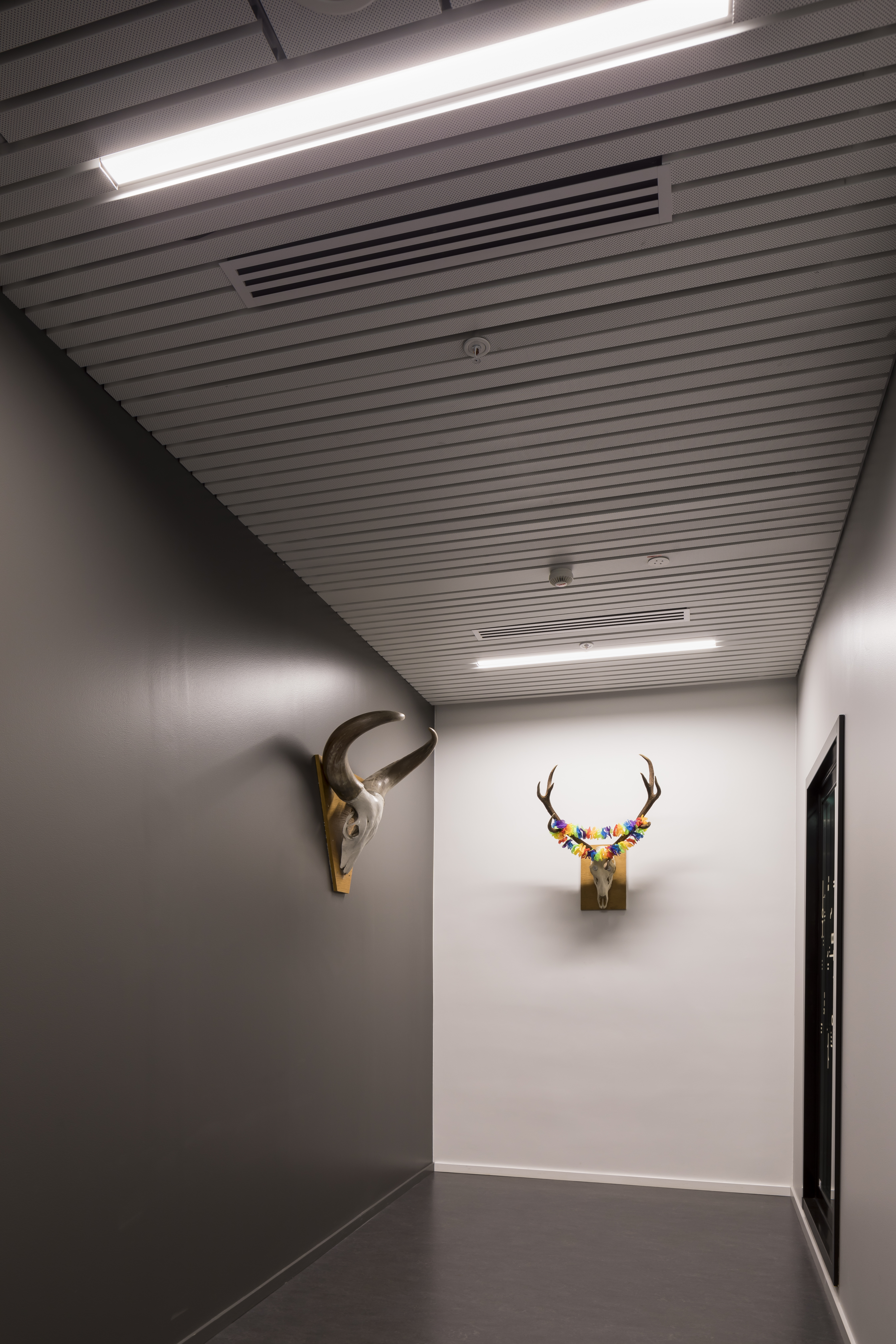 Corridor with luminaires in ceiling